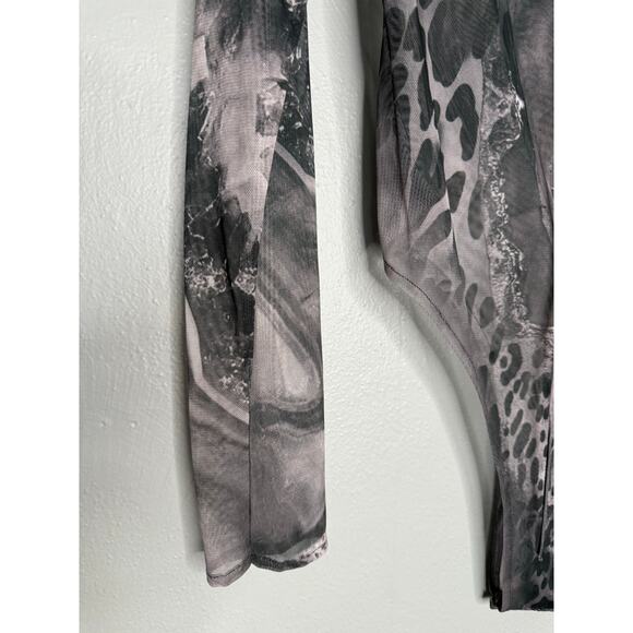 TUBO sheer printed long sleeve bodysuit with shoulder pads luxury art deco - Picture 5 of 8